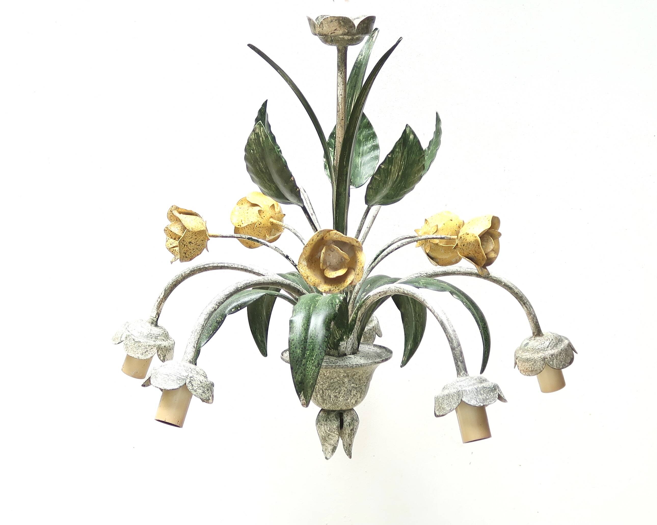 Floral chandelier with yellow flowers and green leaves, 90s