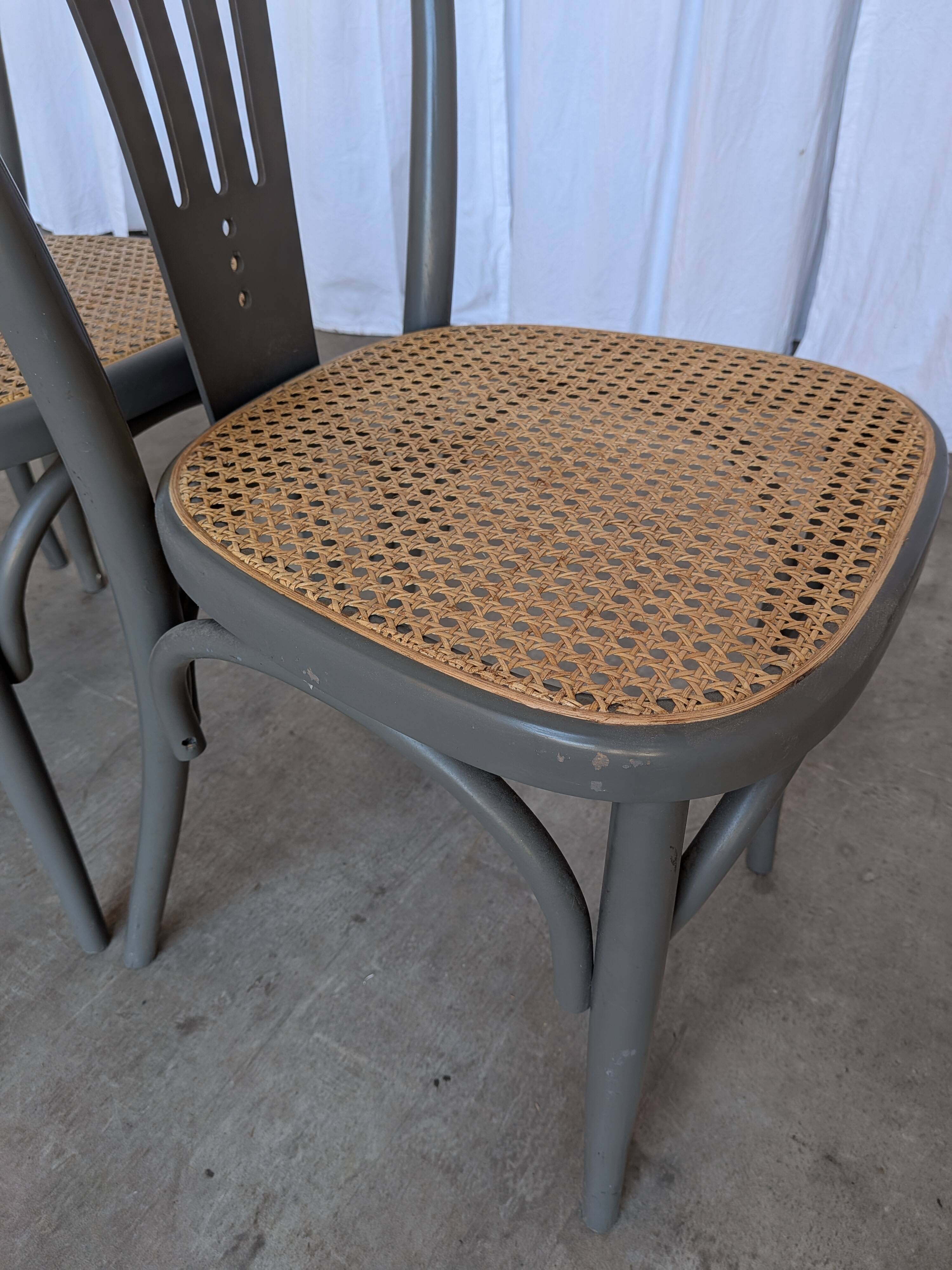 Set of 4 Vintage Gray Thonet Style Dining Chairs with Cane Seat