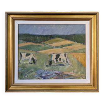 Mid-Century Modern "Pasture Cows" Vintage Swedish Expressionist Landscape Oil Painting, Framed