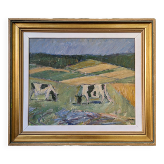 Peinture à l’huile de paysage expressionniste suédoise vintage moderne du milieu du siècle « Vaches de pâturage », encadrée