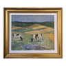 Peinture à l’huile de paysage expressionniste suédoise vintage moderne du milieu du siècle « Vaches de pâturage », encadrée