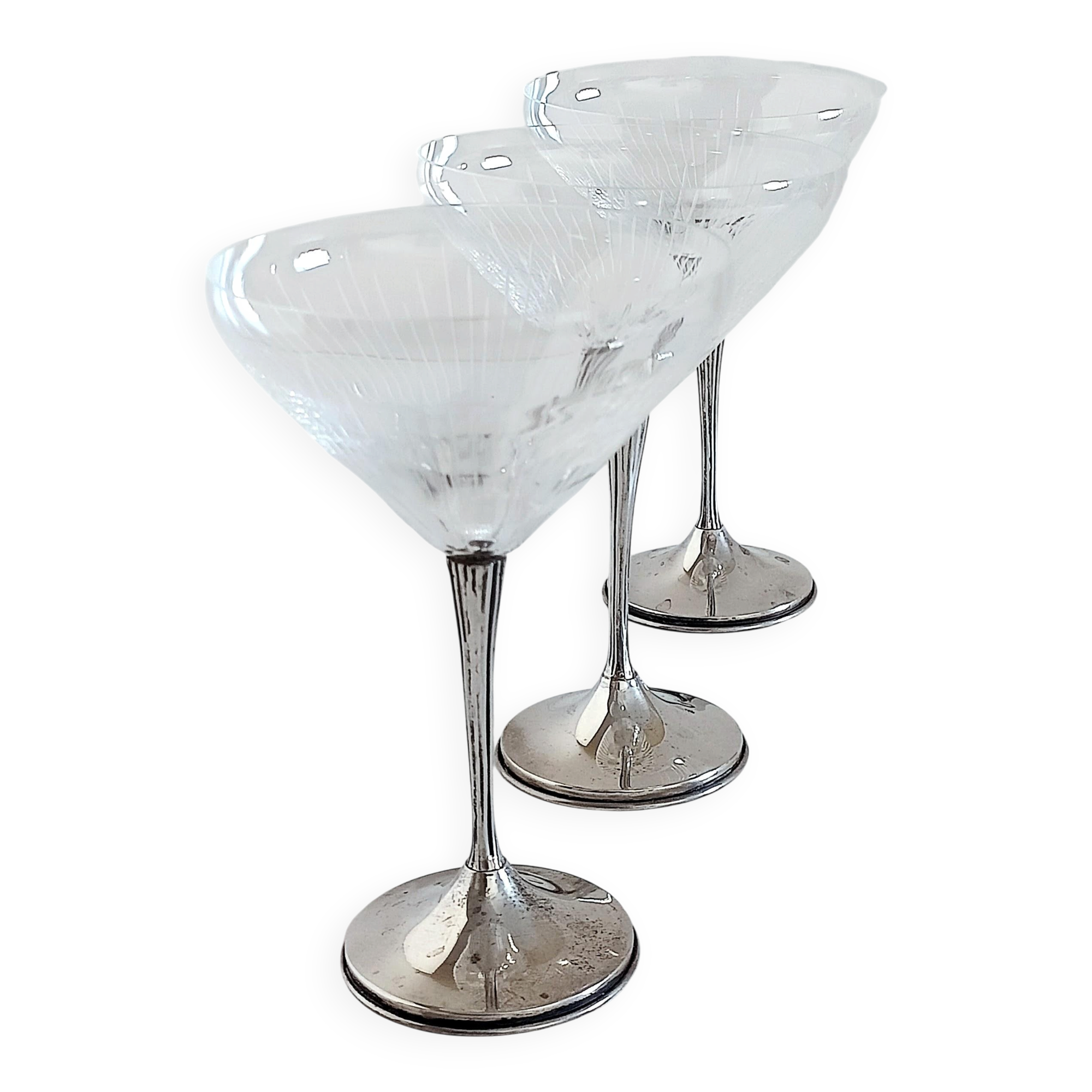 Art Deco Champagne Glasses Set of 3, Sterling Silver & Cut Glass