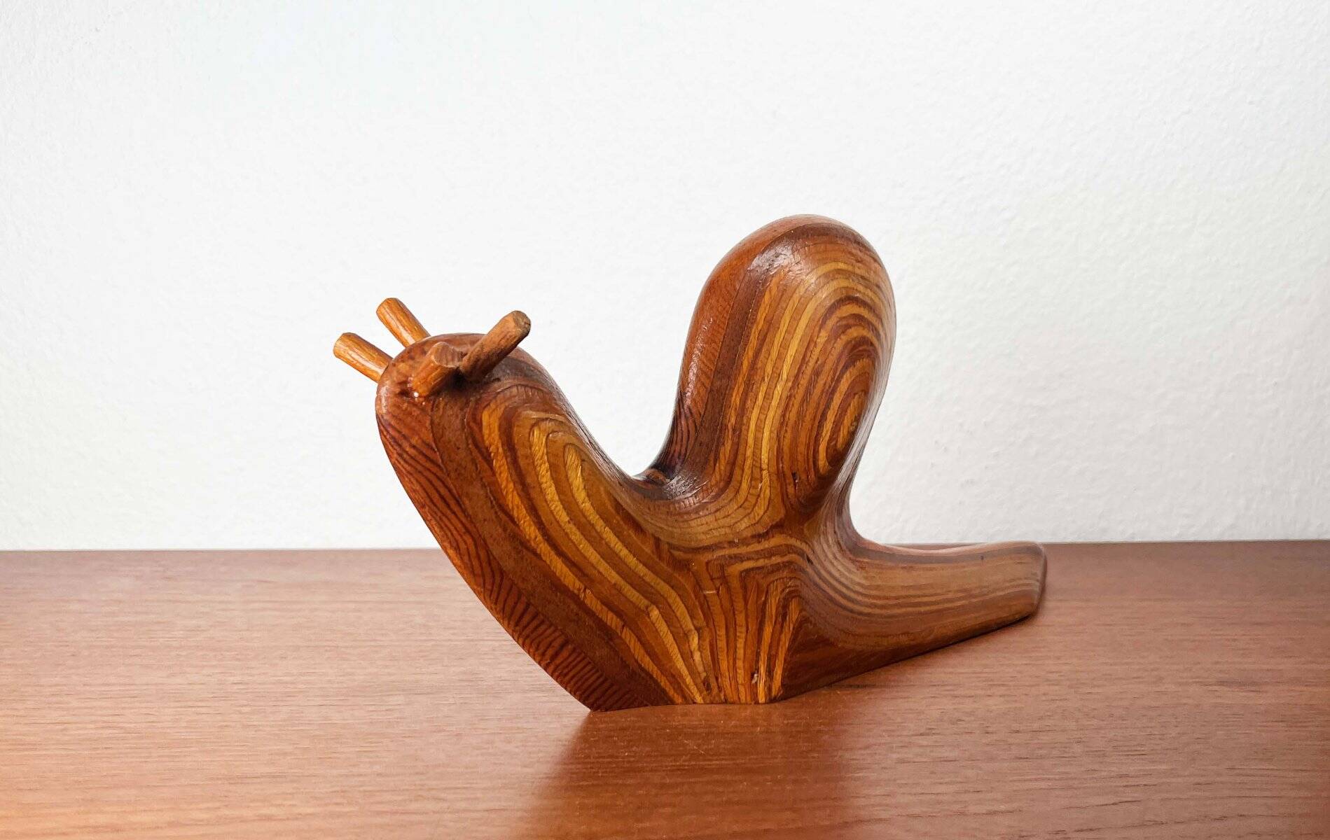 Large Danish carved wooden snail sculpture from the mid-century, 1960s.