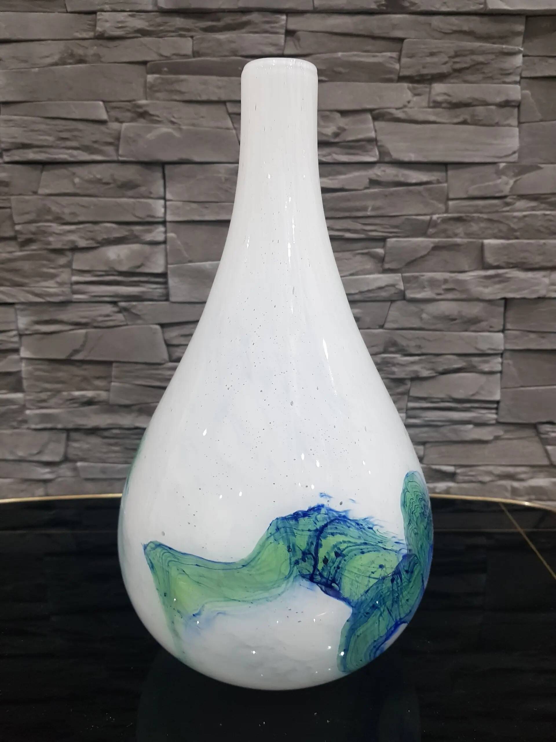 Vase, milky white with blue and green, glass, Germany, 1970s
