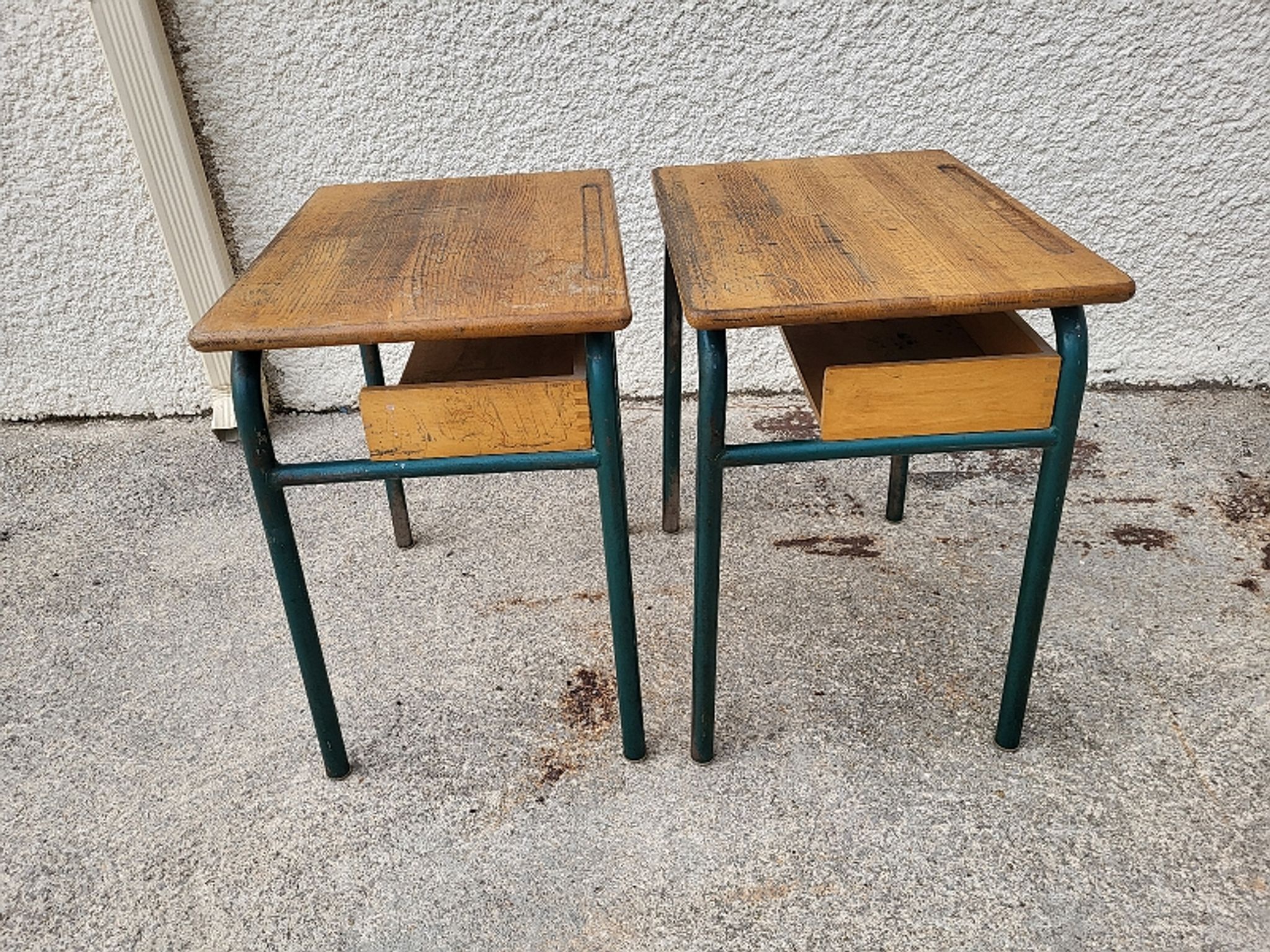 Pair of desks desks school 1960 in metal and oak