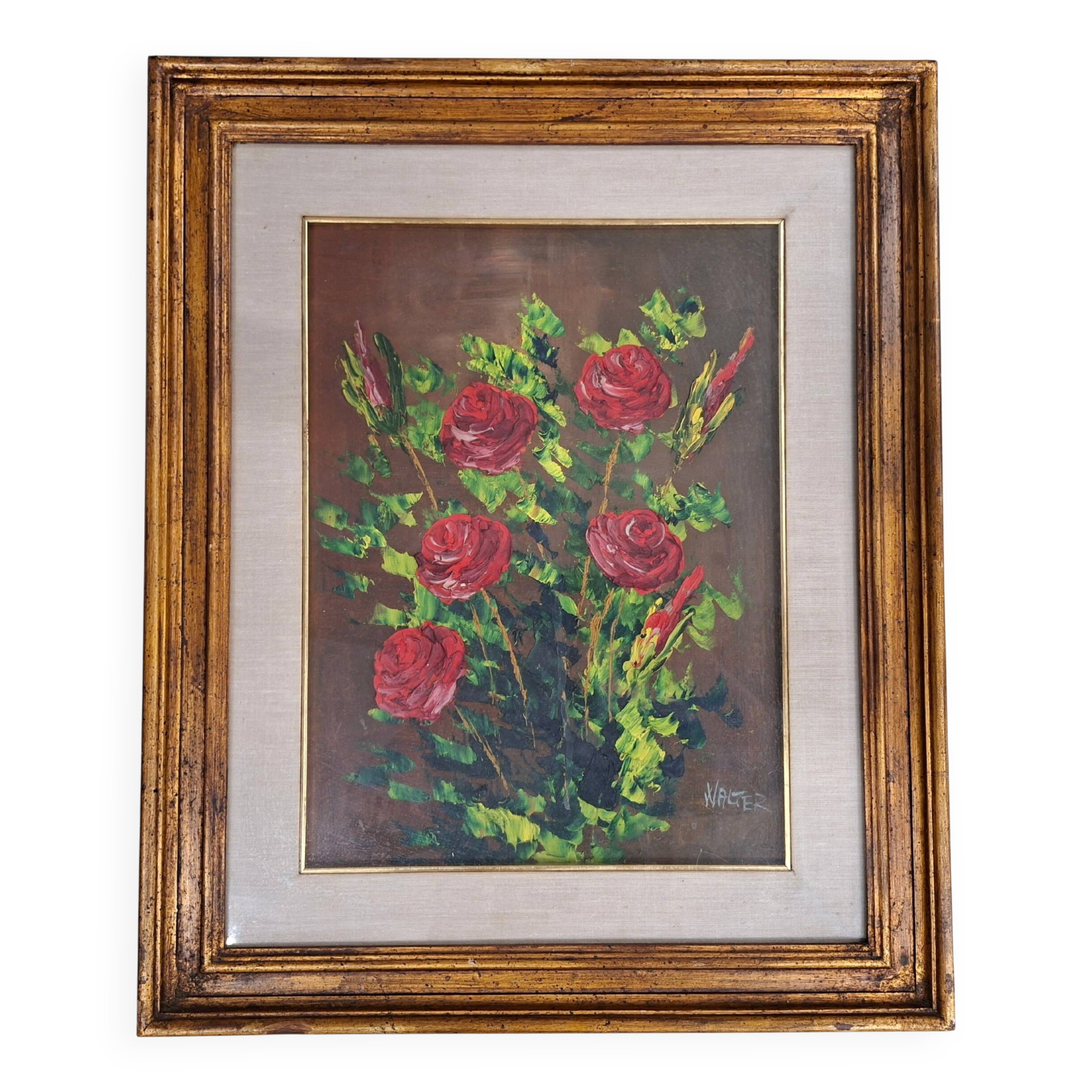 Dipinto "Rose Rosse" – Firmato WALTER – Elegante Cornice Dorata