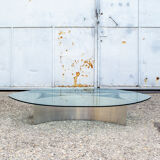 Brutalist coffee table with steel base and 70s glass top