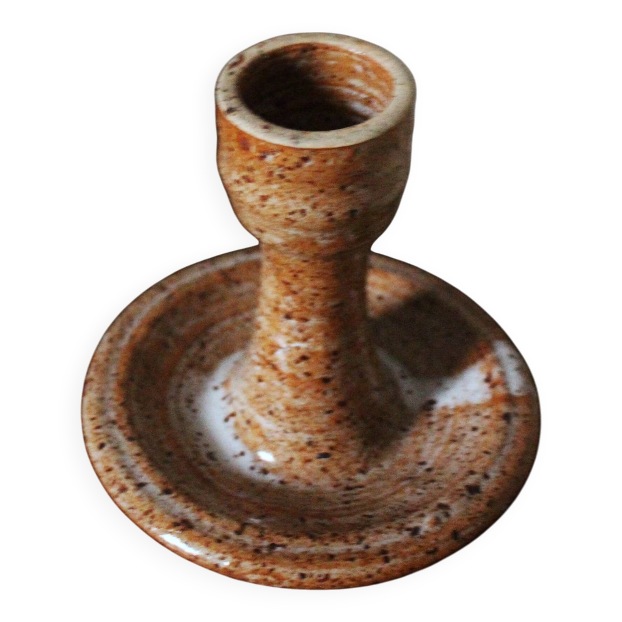 Vintage speckled rust round stoneware candlestick
