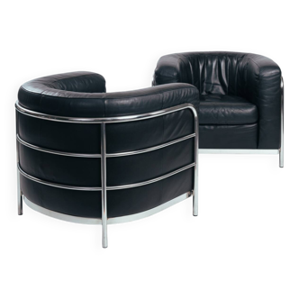 Zanotta Onda black leather curved armchairs, by Pas, Urbino & Lomazzi, set of 2, Italy, 1980s