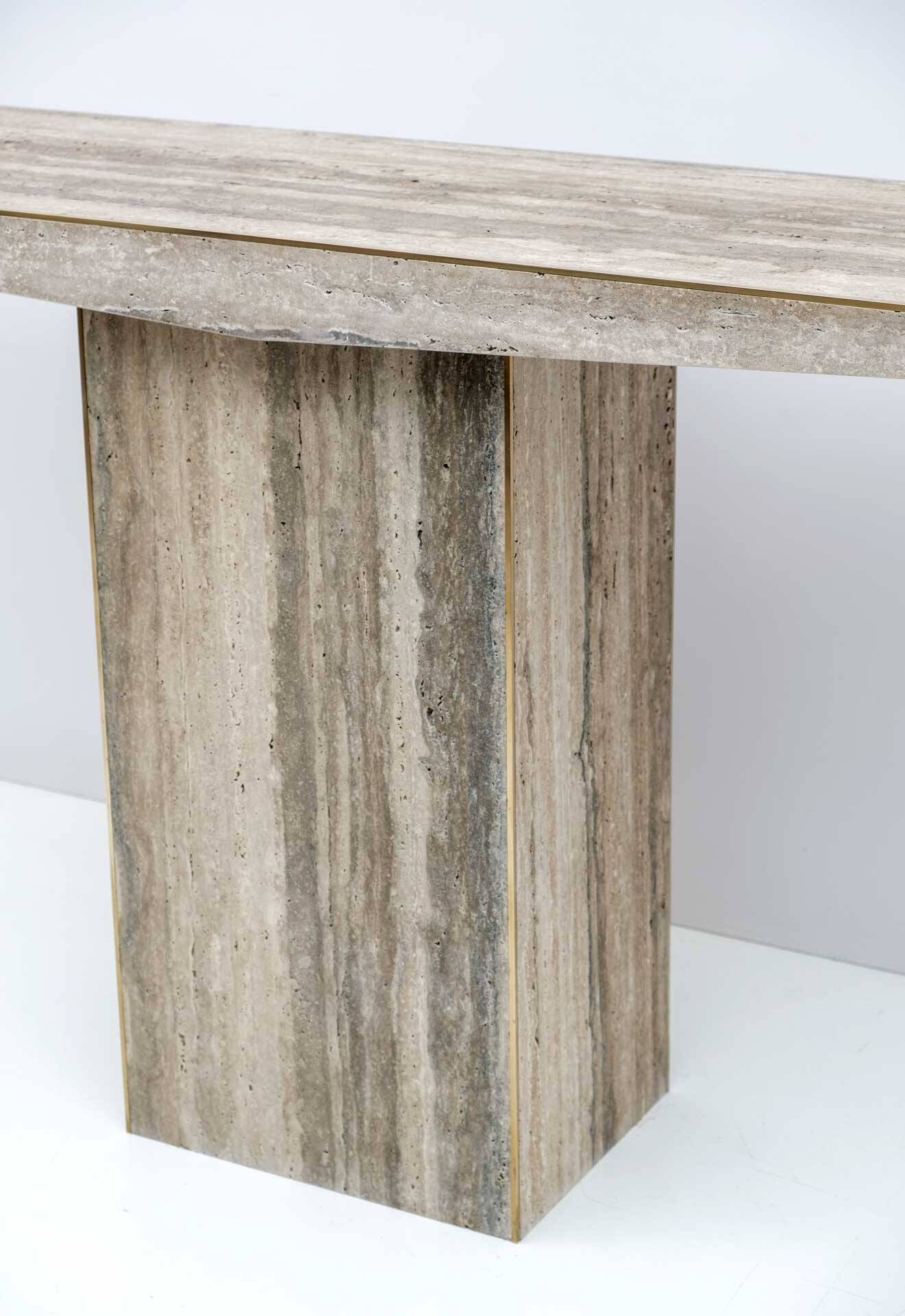 Mid Century Italian Unfilled Travertine and Brass Inlay Console Table
