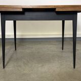 Rectangular extendable wooden table and black steel compass legs with 2 extensions France