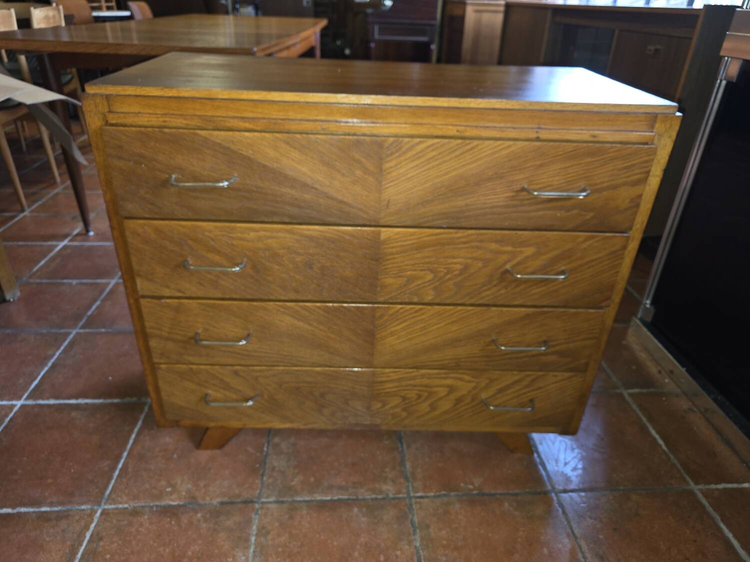 Vintage oak chest of drawers with herringbone patterns from the 1960s.