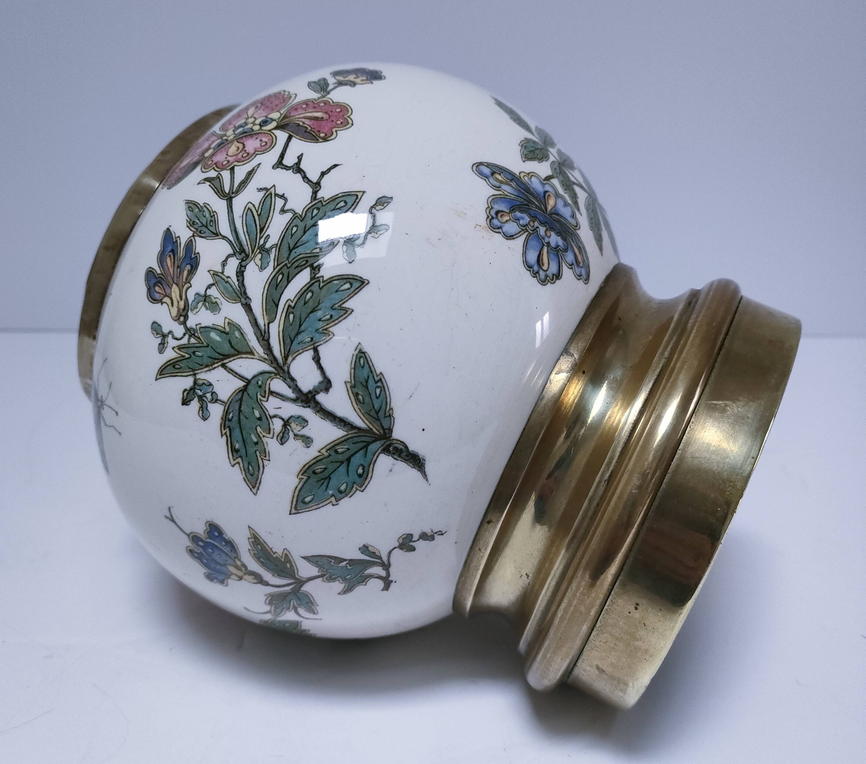 round vase earthenware brass decorated with flowers and insects early 20th century