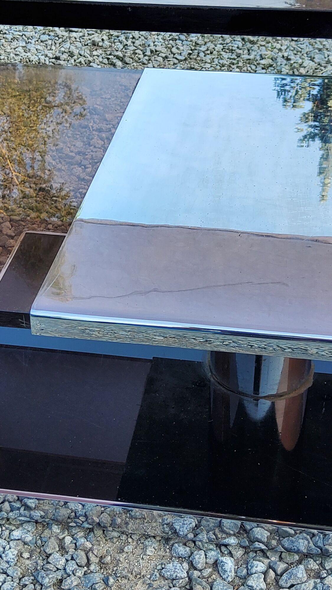 Coffee table from the 70s in chromed steel and smoked plexiglass double swivel trays