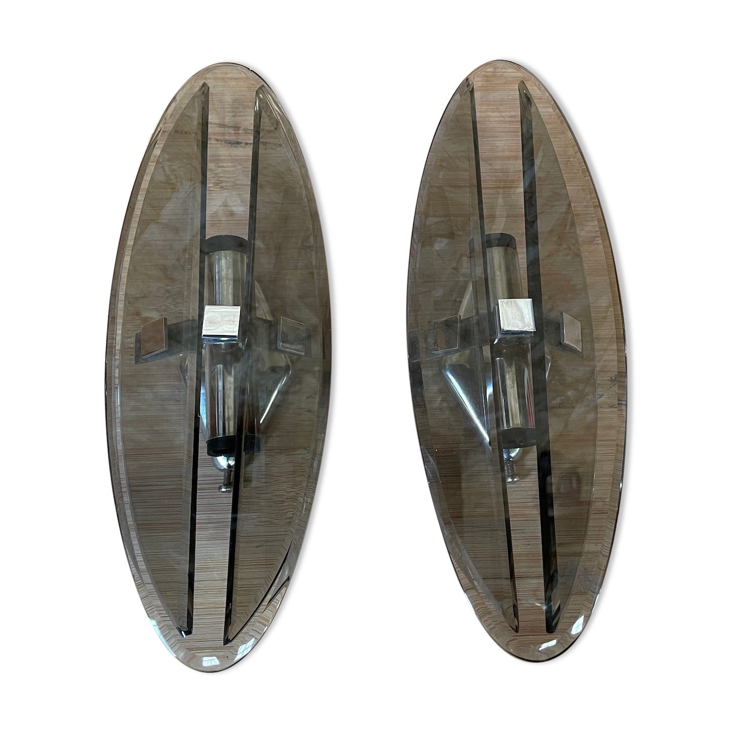 Pair of vintage smoked glass wall lamps