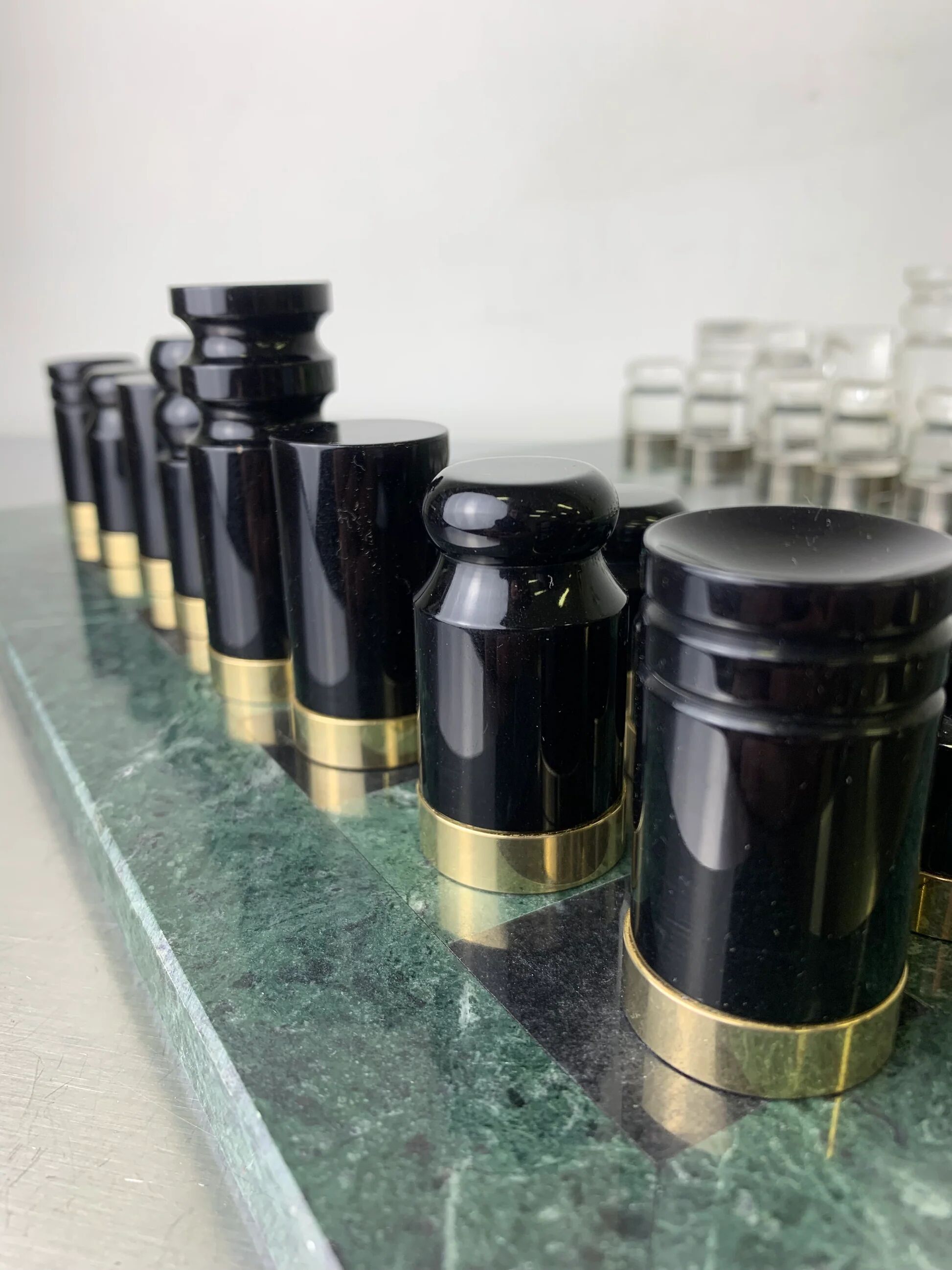 Acrylic & gilt brass chess set with marble board, Italy, 1970s