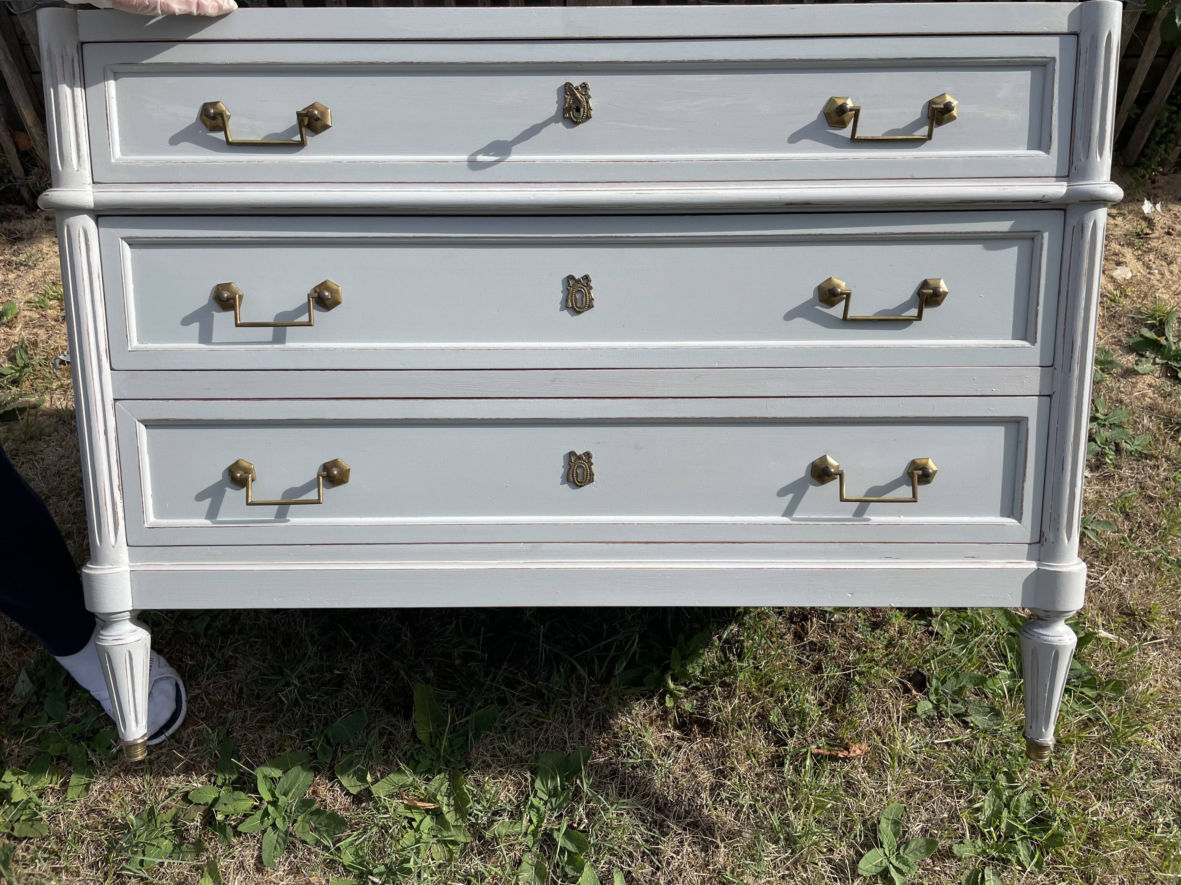 Louis XVI style chest of drawers in versailles grey patinated mahogany with white marble