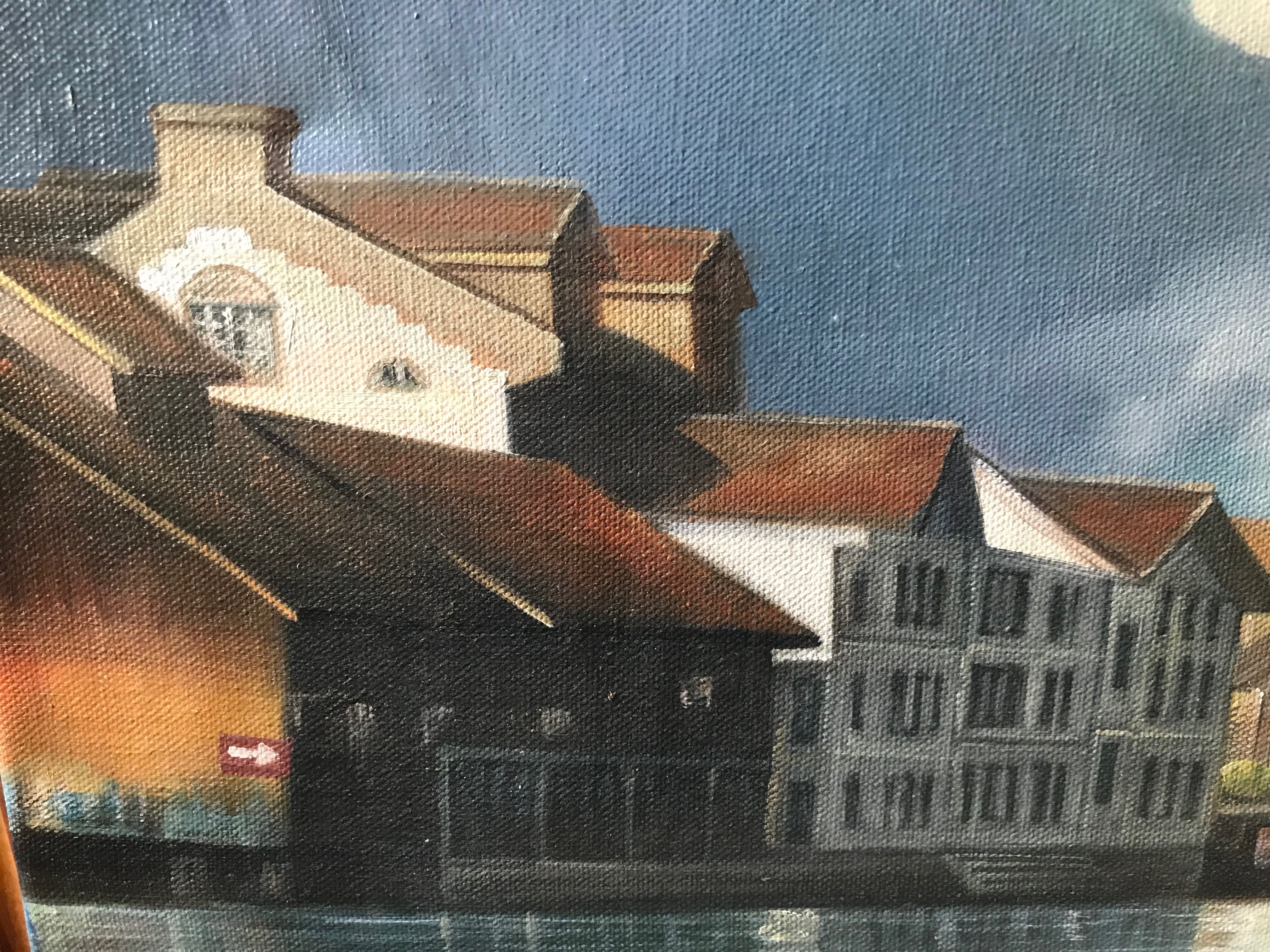 Painting on canvas of a village at the water's edge
