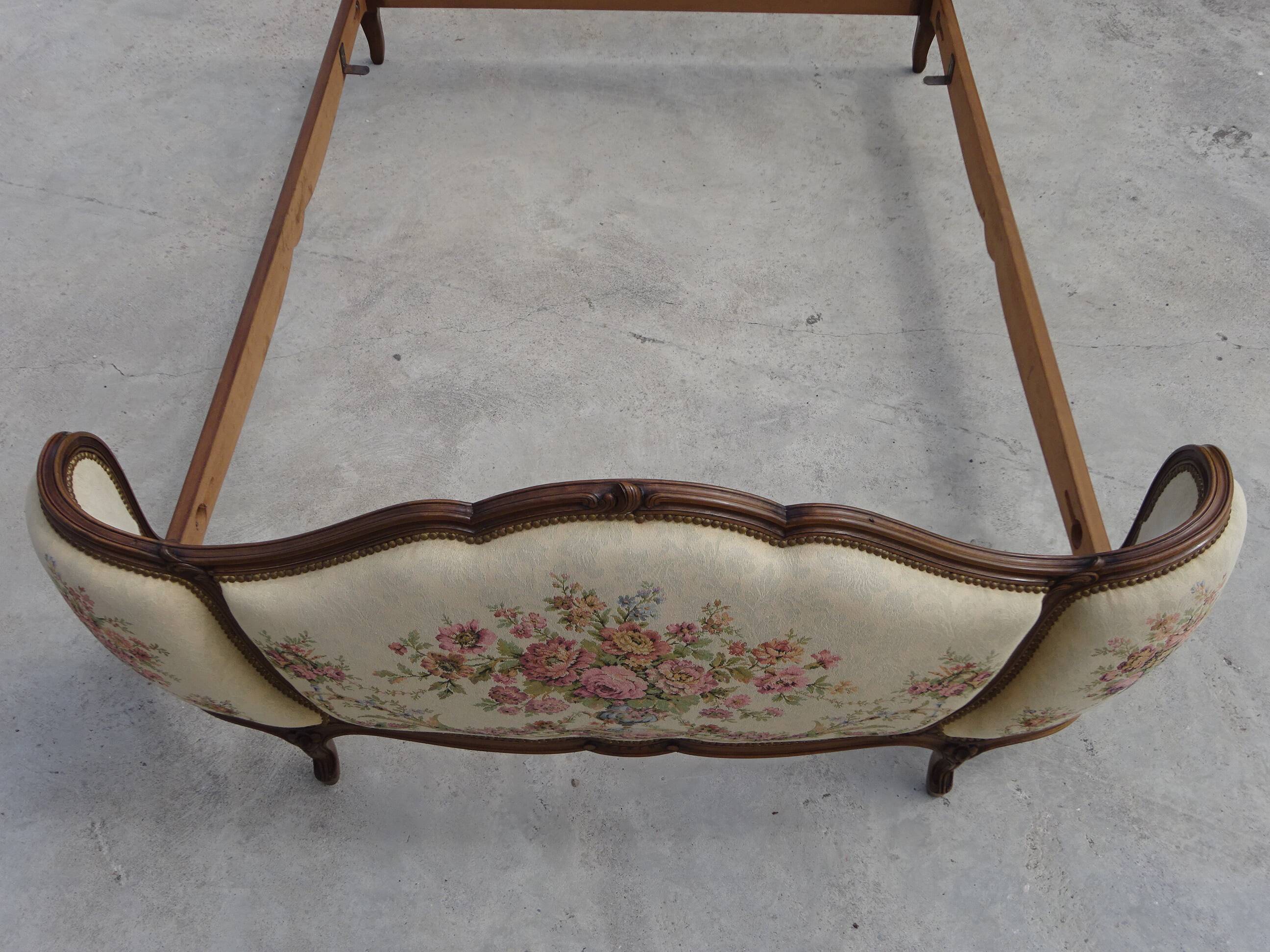 Solid wood bed frame with Jacquard fabric.