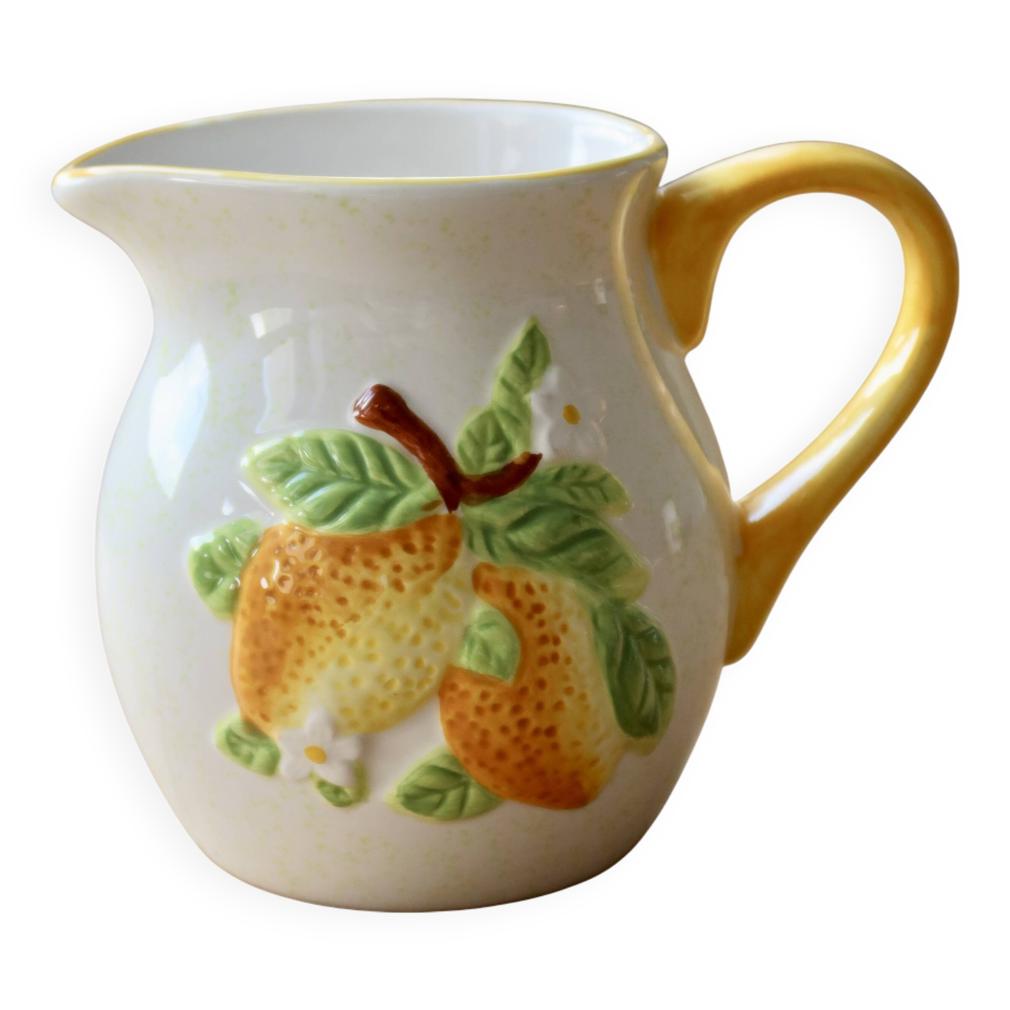 Vintage earthenware and slip pitcher with lemon motif