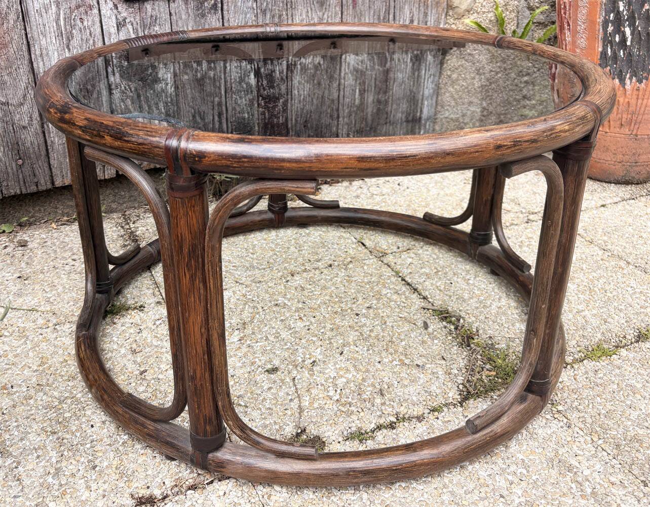 Rattan & glass coffee table “Riviera 70” – round, lightweight, bohemian chic style