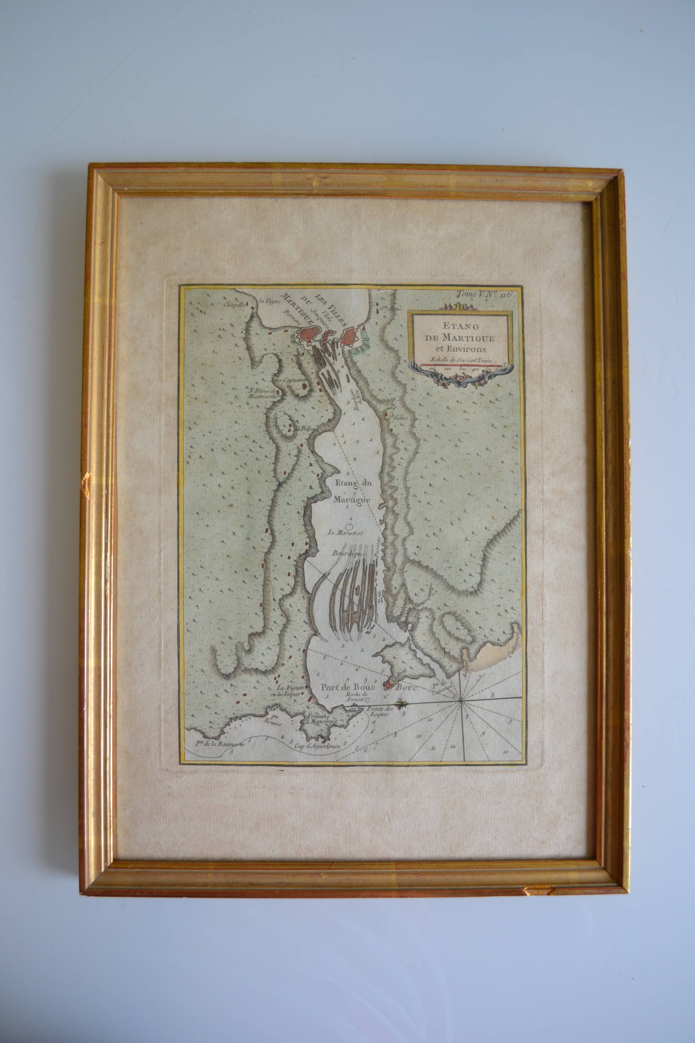 Martigues pond Old geographical map 18th century engraving 1764 by Bellin