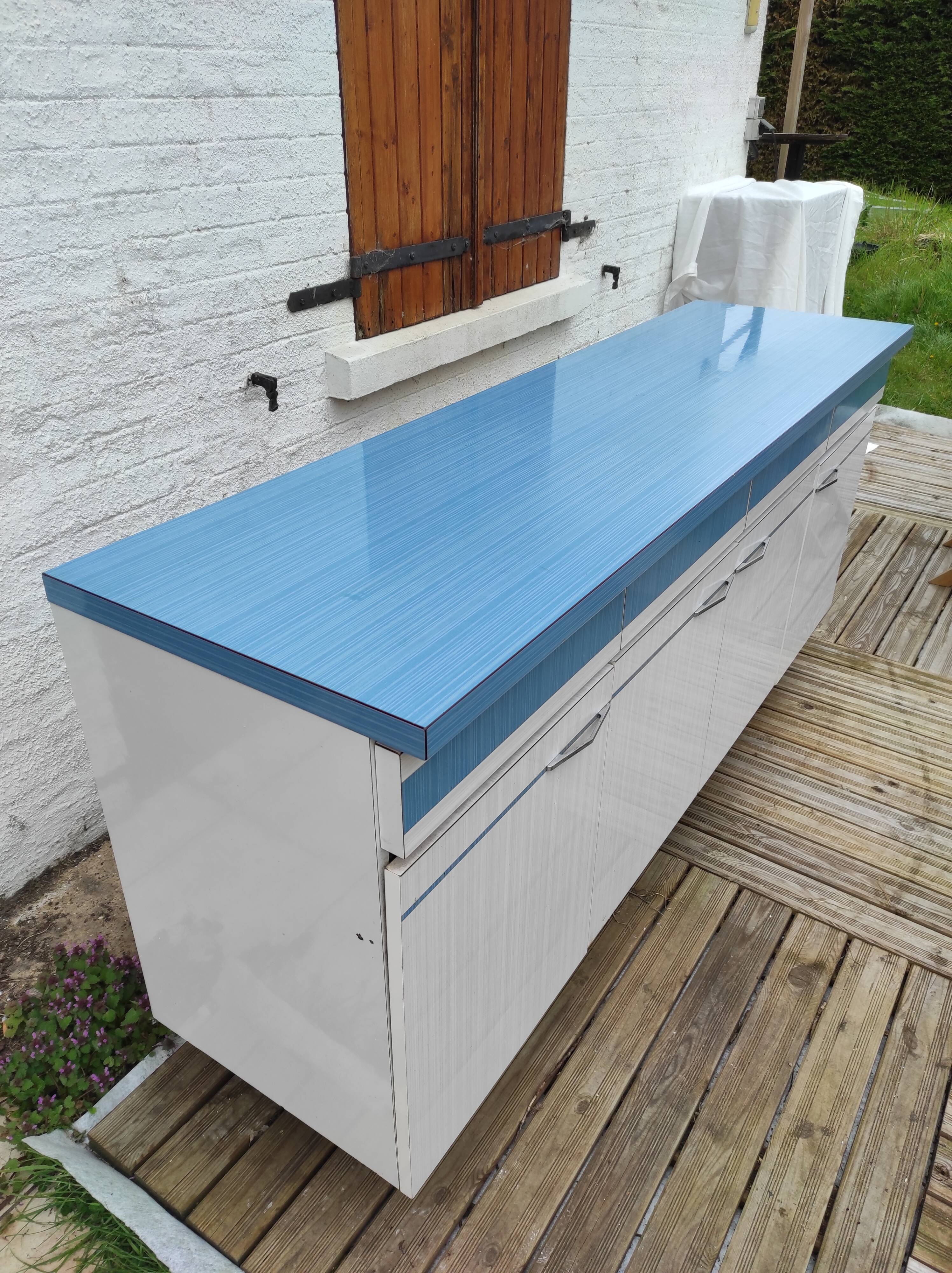 Kitchen cabinet in blue formica 4 doors 4 drawers