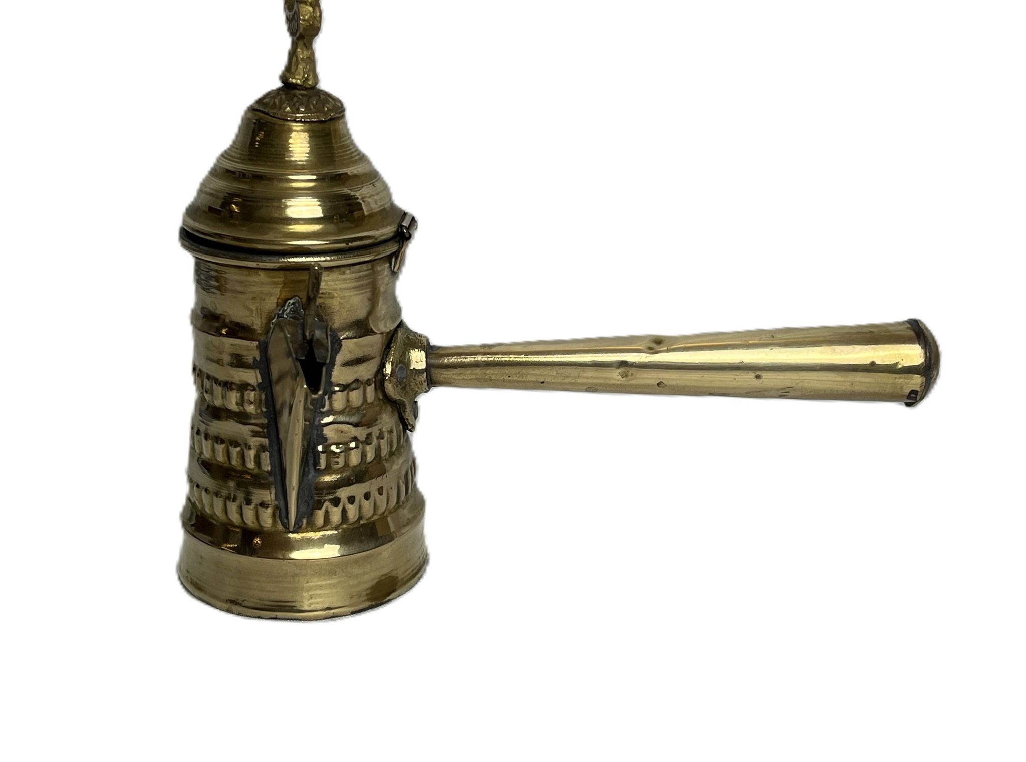 Brass dallah coffee pot with bird-shaped finial, 20th century.