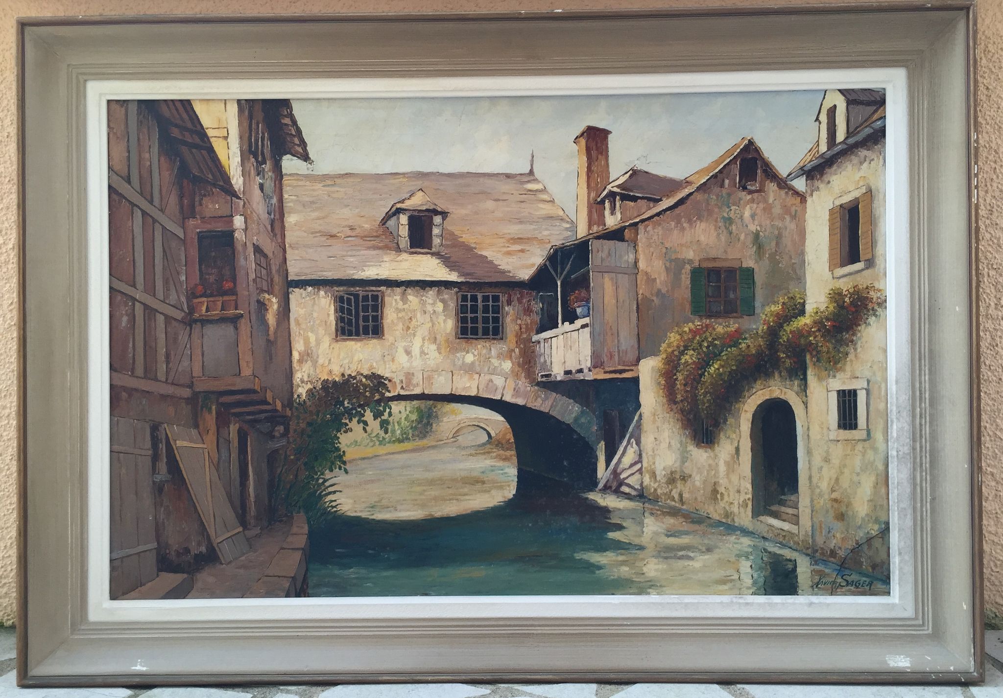 Huile sur toile "Maison enjambant le canal"
