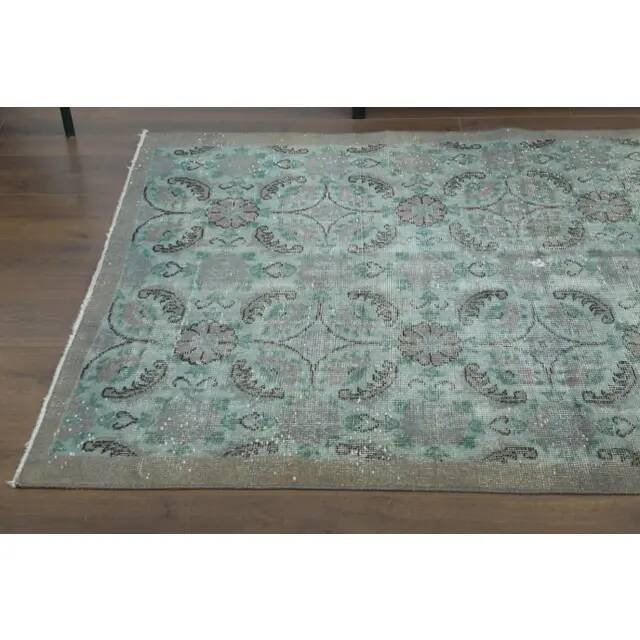 1970s vintage Turkish hand-knotted wool cotton green area rug 196x224