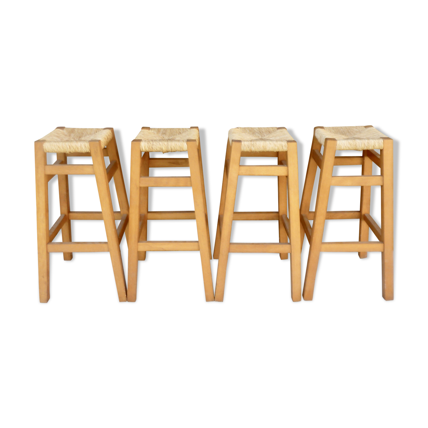 Lot of 4 high wooden stools with mulched seat