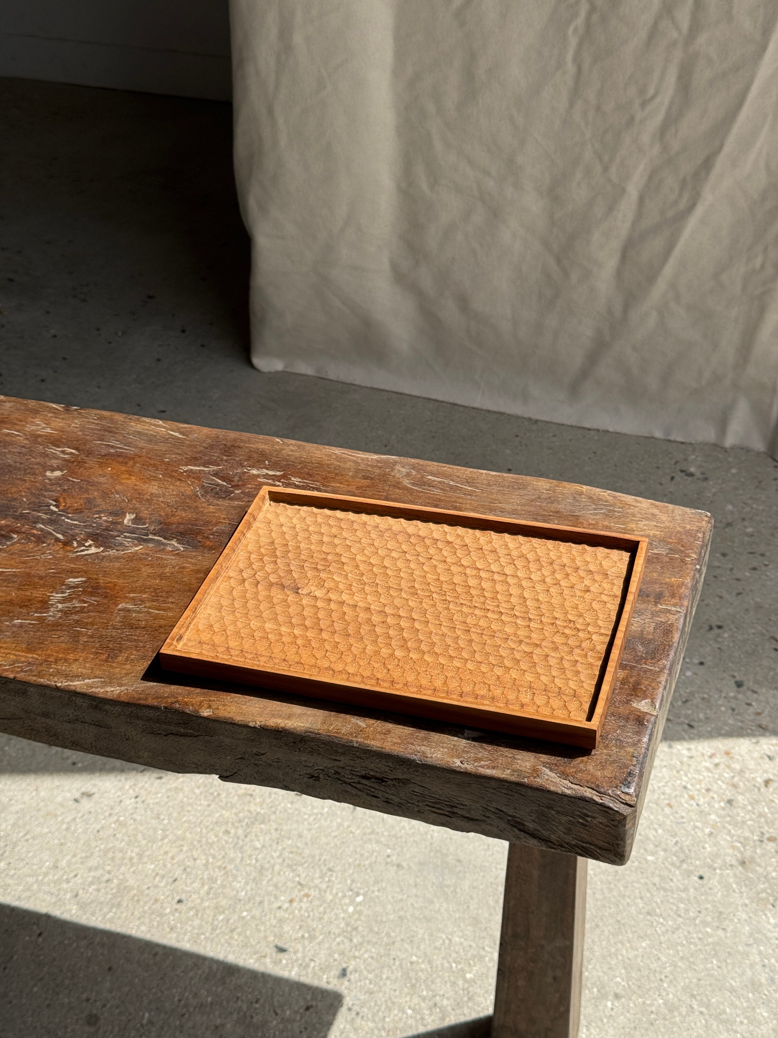 Rectangular solid teak plateau with carved edges 27x18.