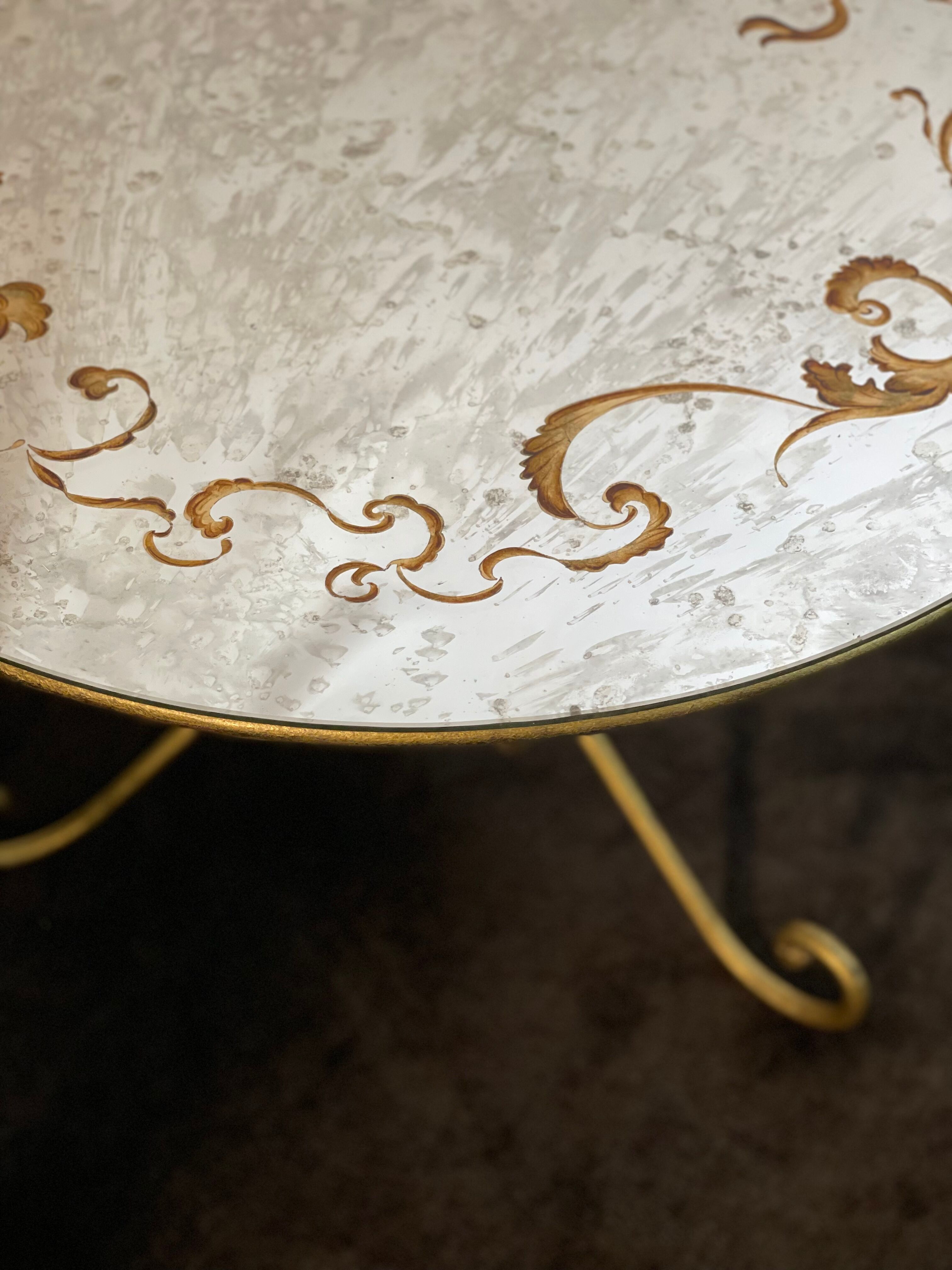 Round coffee table base in gilded wrought iron beautiful top enamelled glass 50s