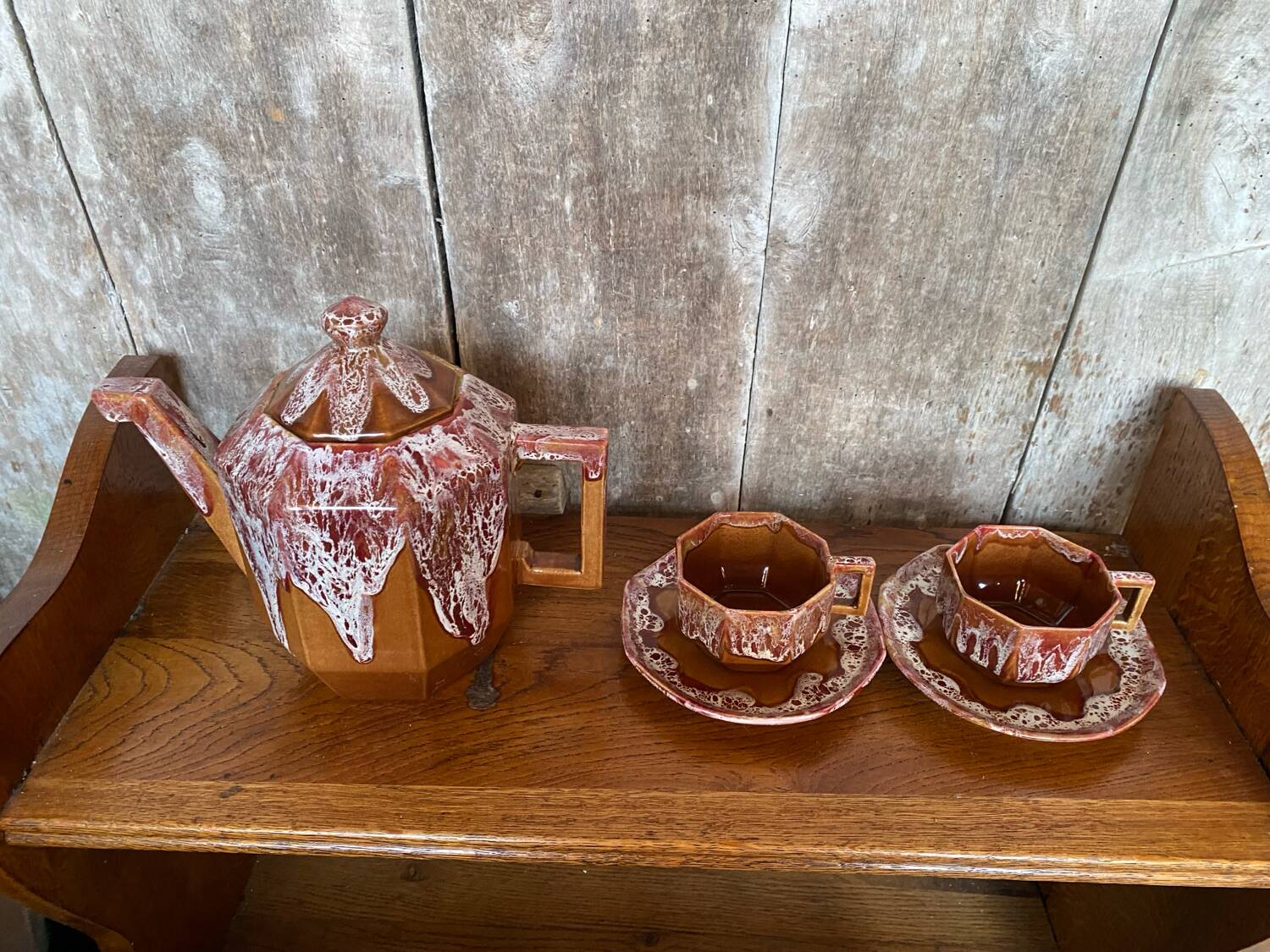 Antique gf art deco teapot flamed ceramic brown vintage