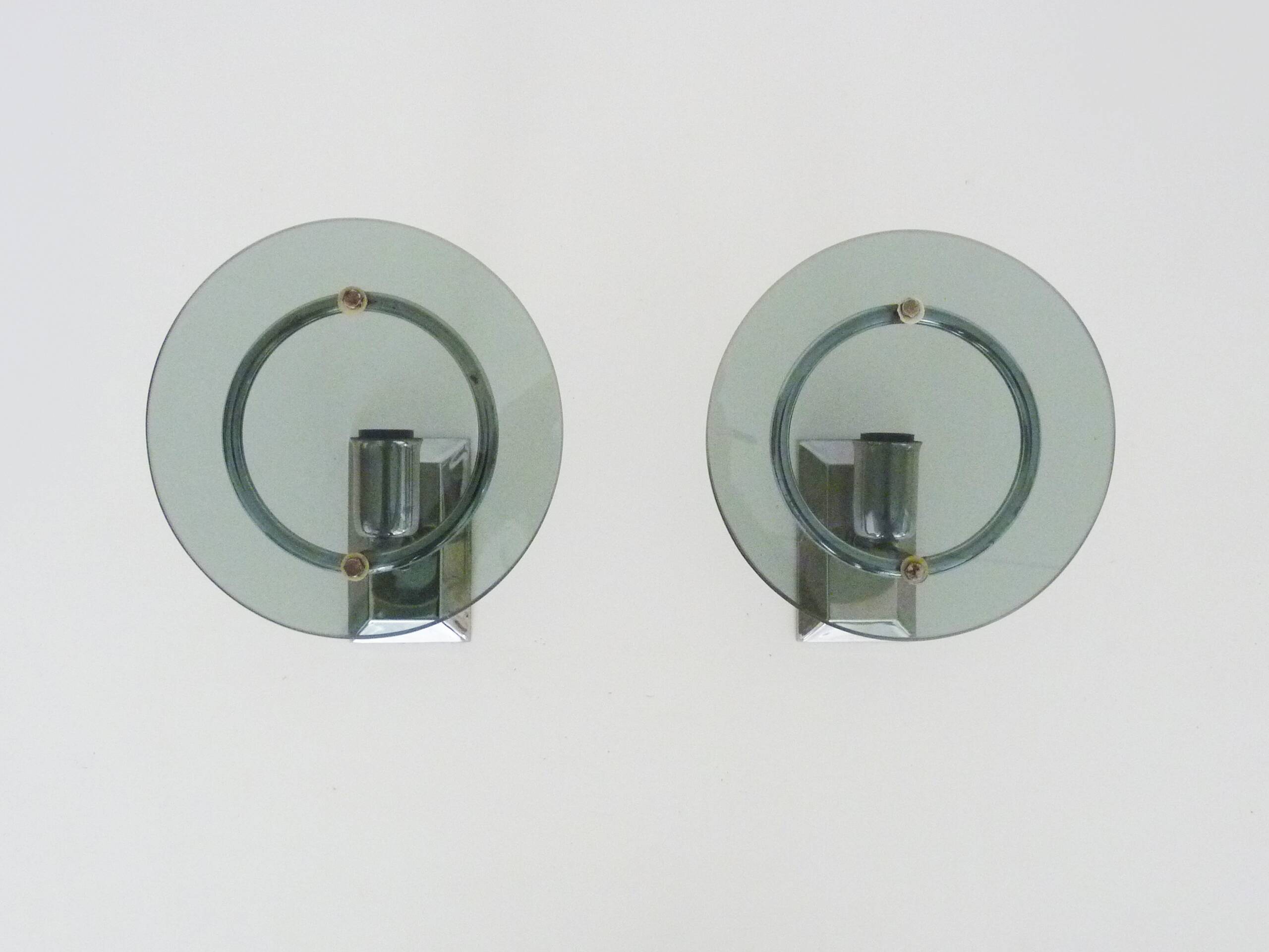 Pair of Italian wall lights in transparent blue-grey glass and chrome 70