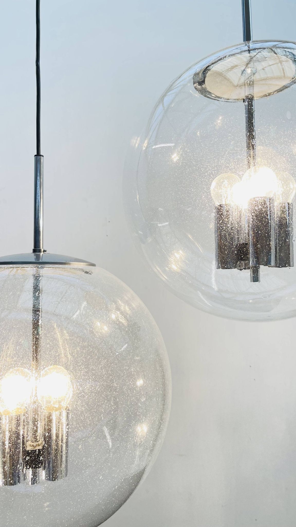 Chrome and bubbled glass balls pendants from the 1970's