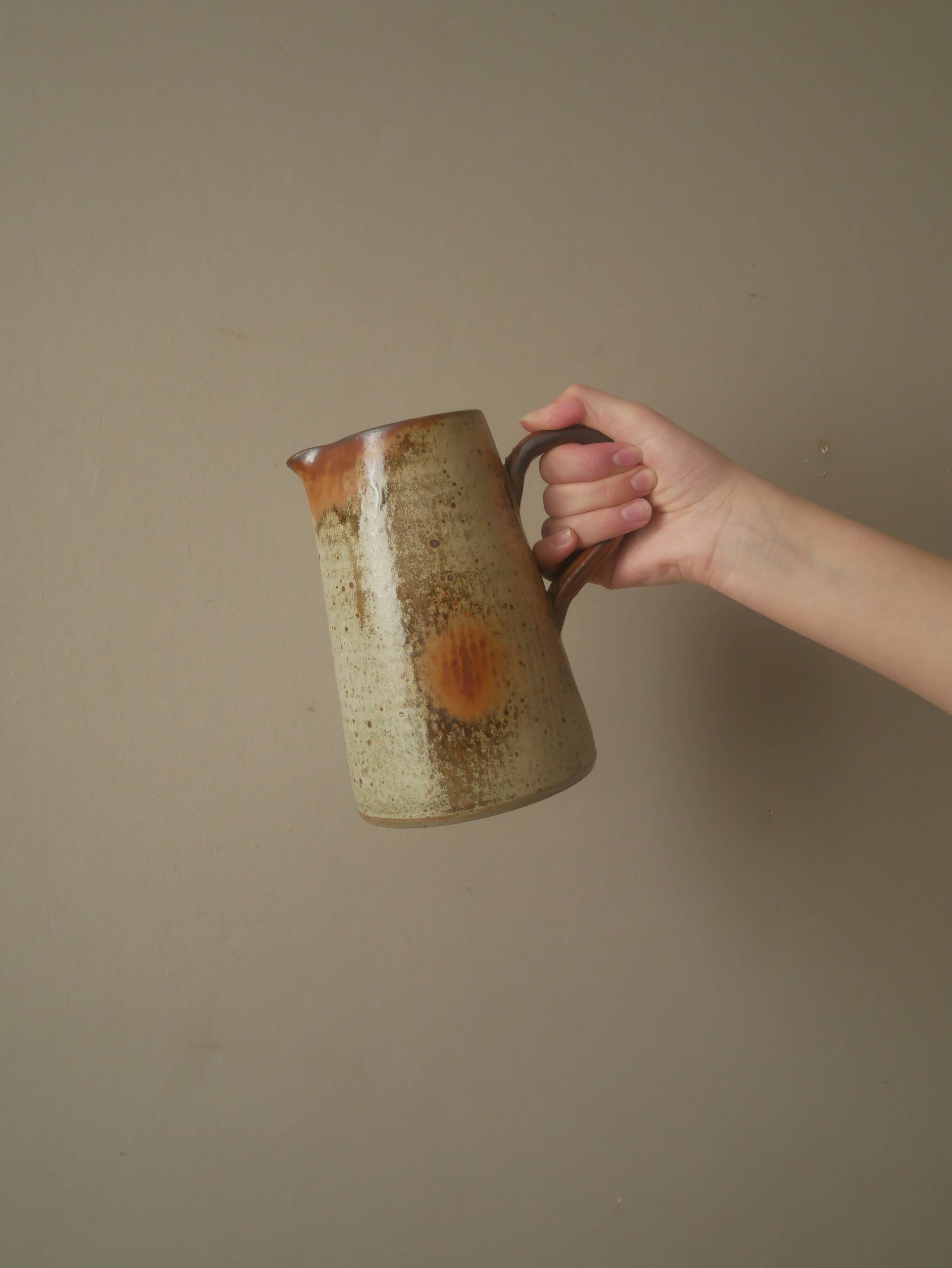 Handmade ceramic stoneware pitcher vintage vase with handle Scandinavian country decoration pottery