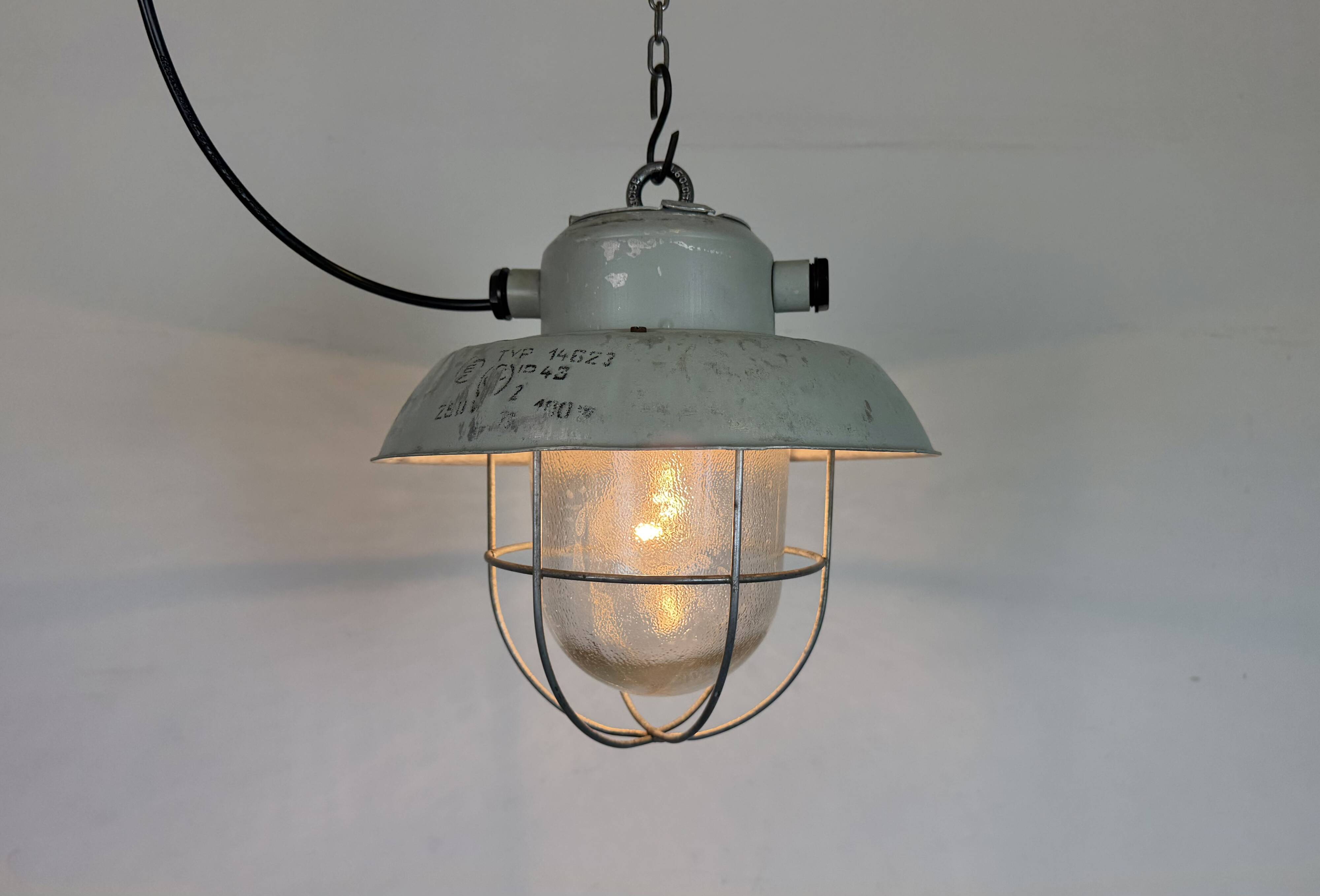 Grey Industrial Aluminium Cage Pendant Lamp with Frosted Glass, 1970s