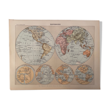 Lithograph engraving world map of 1897