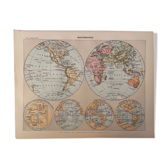 Lithographie gravure mappemonde de 1897