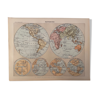 Lithograph engraving world map of 1897
