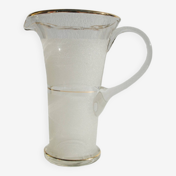 White frosted granite blown glass pitcher with gold edging carafe