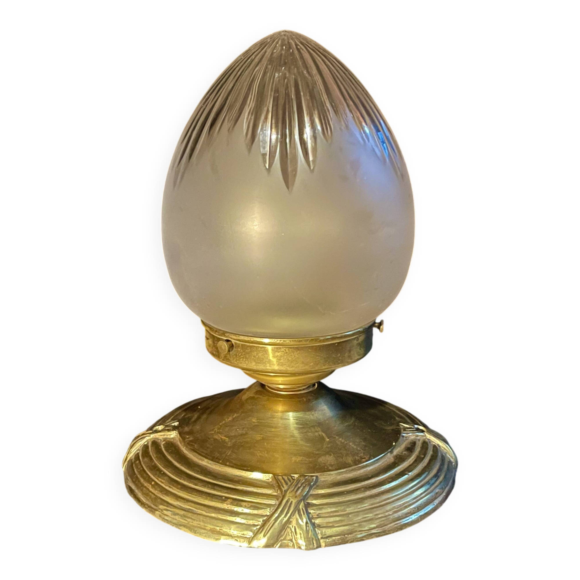 Art Deco ceiling light, etched/frosted obus and brass, 1930s.