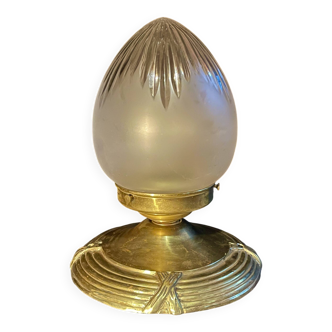 Art Deco ceiling light, etched/frosted obus and brass, 1930s.