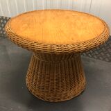 Round coffee table in rattan and varnished wood around 1960