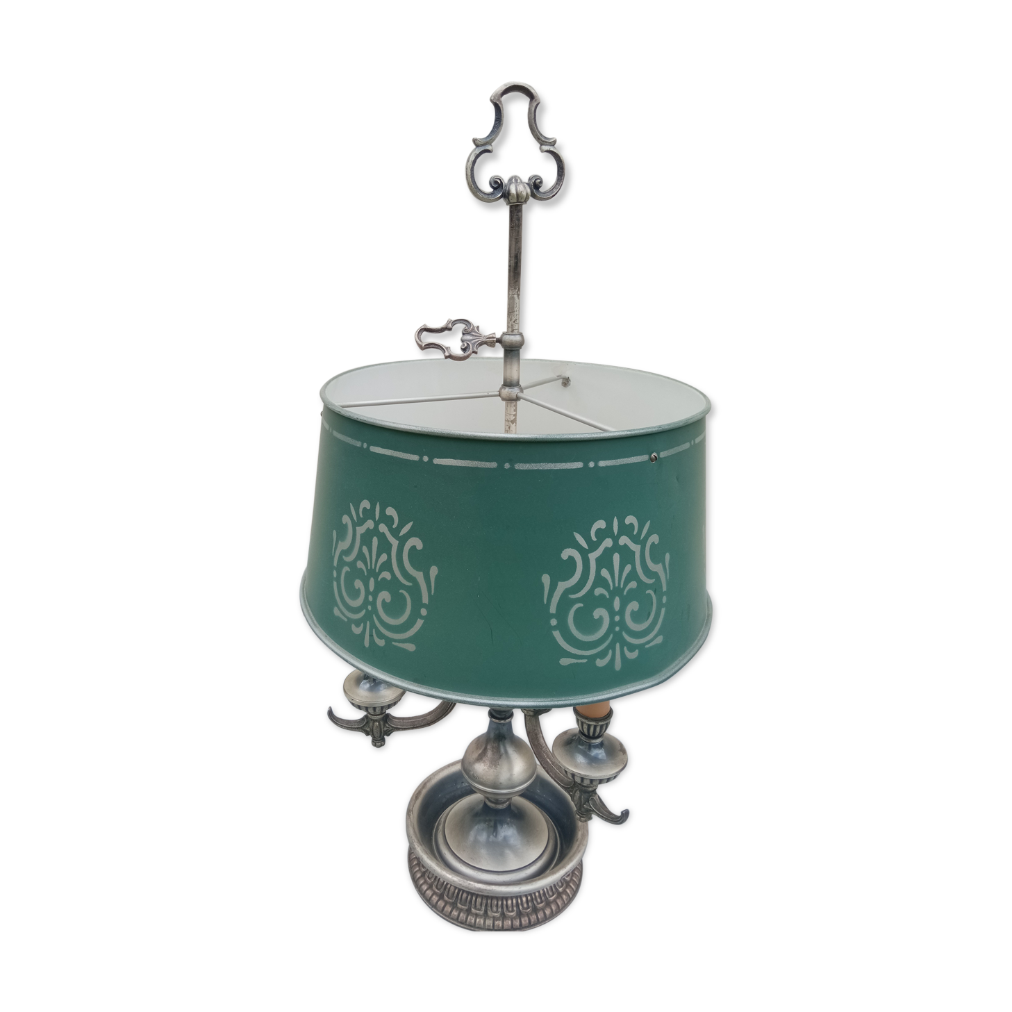 Hot water bottle lamp 3 lights silvered metal aged lampshade sheet metal (74cm)