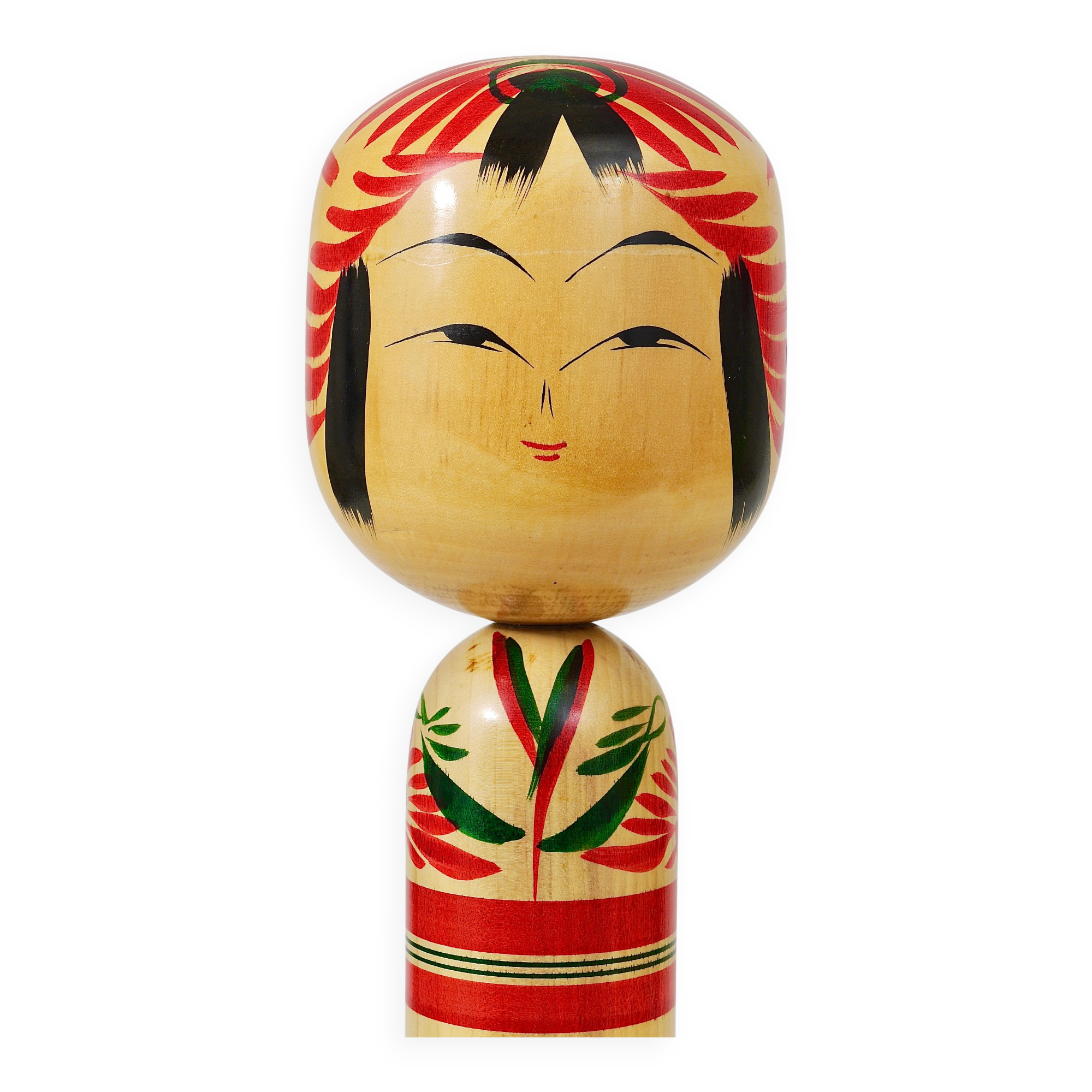 Decorative Kokeshi doll sculpture from northern Japan, hand-painted, signed.