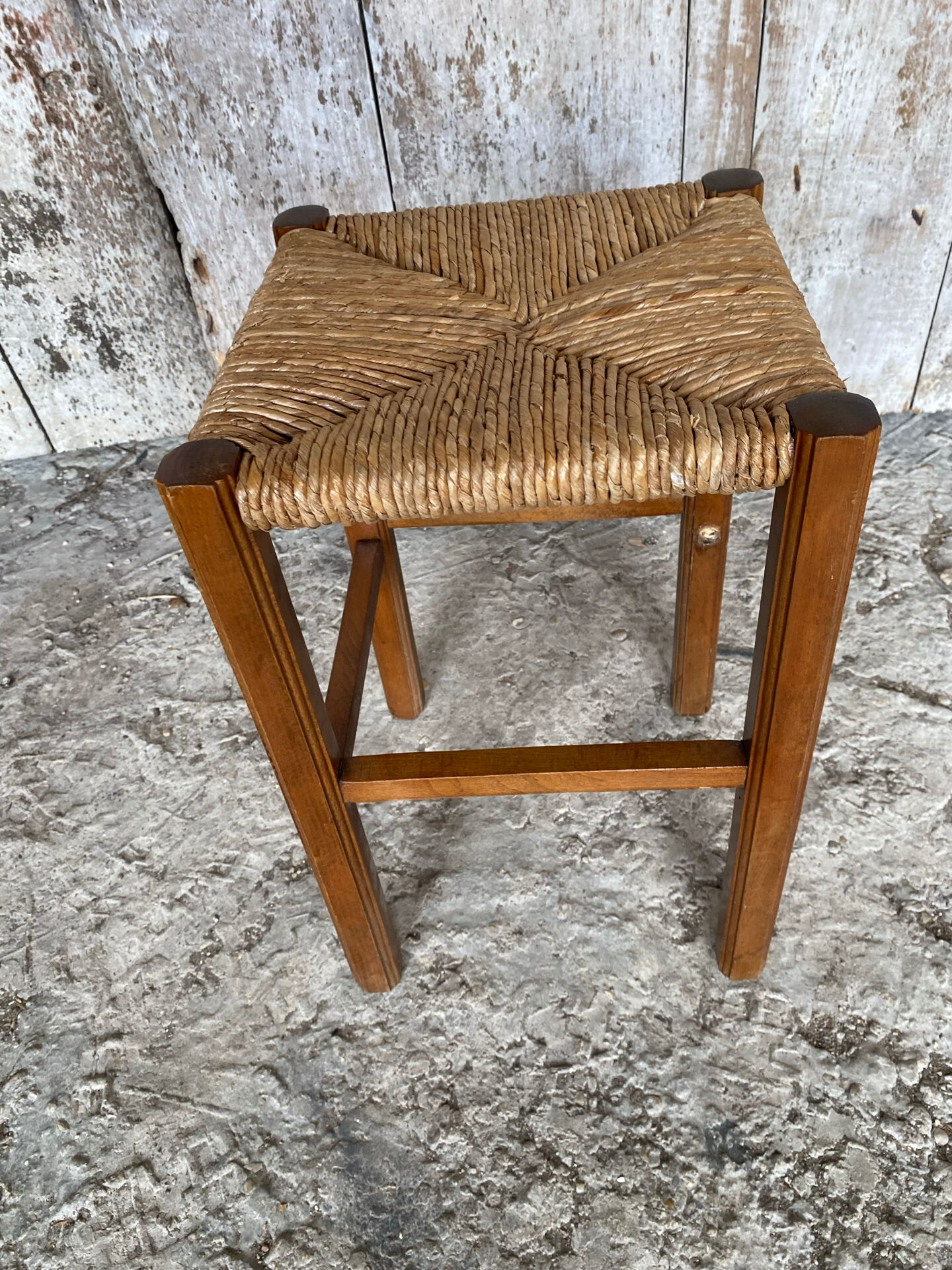 Antique Carved Wood Stool + Vintage Straw Seat #E099