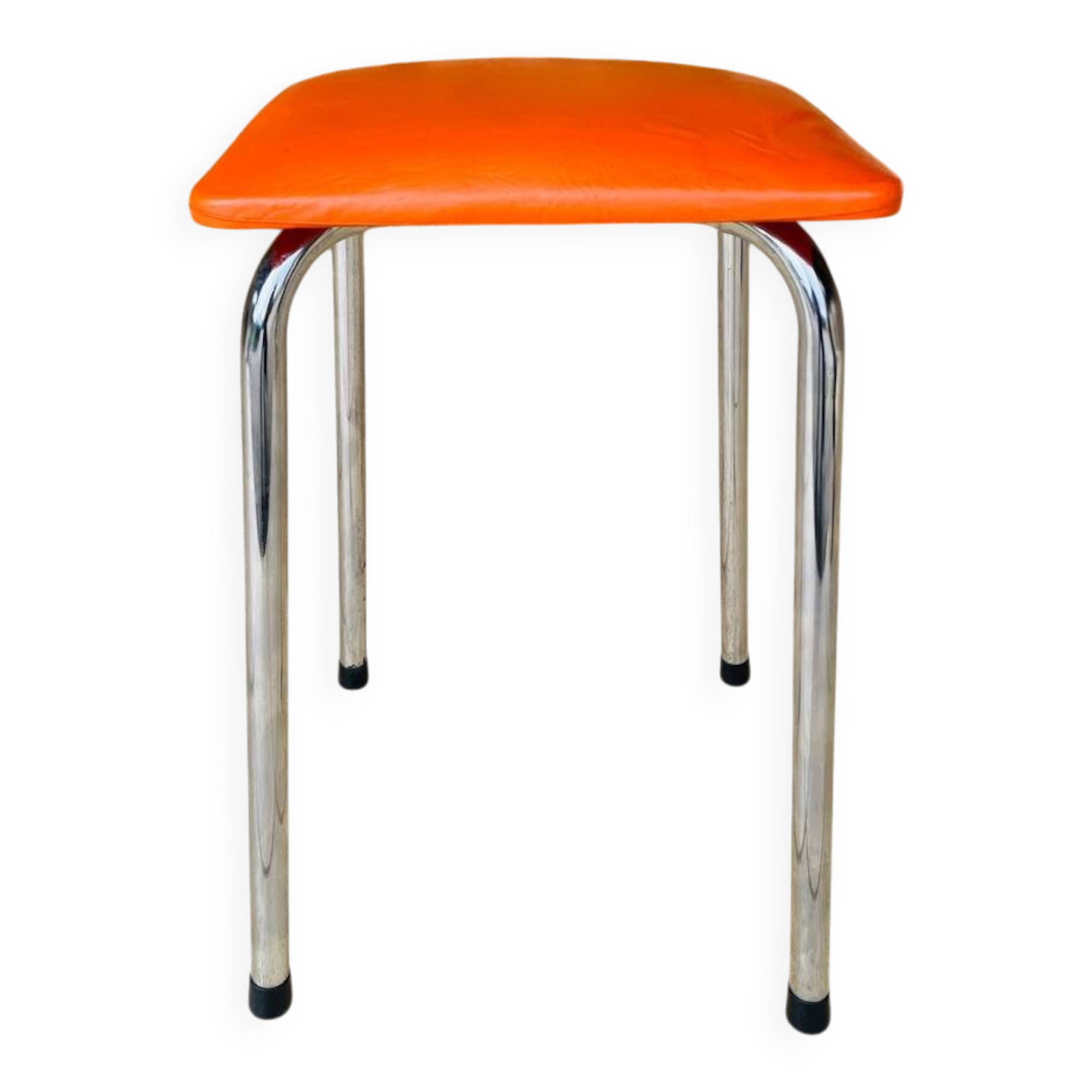 Tabouret vintage skaï orange et pieds chrome circa 70s