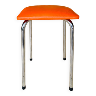 Vintage orange faux leather stool with chrome legs from the 1970s.